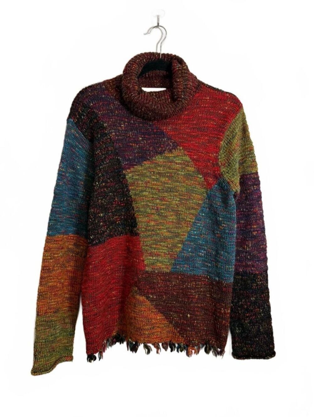 Vintage 90s Colorblock Patchwork Turtleneck Knitted Sweater Large